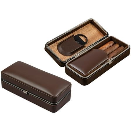 3 Cigar Folding Leather Travel Case w/ Cutter - Brown