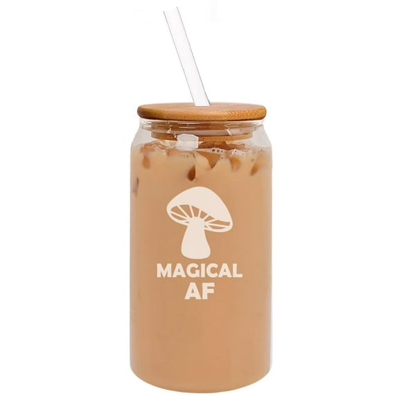 16oz Can Shaped Glass Iced Coffee Cup with Bamboo Lid and Straw Gift Magical AF Mushroom