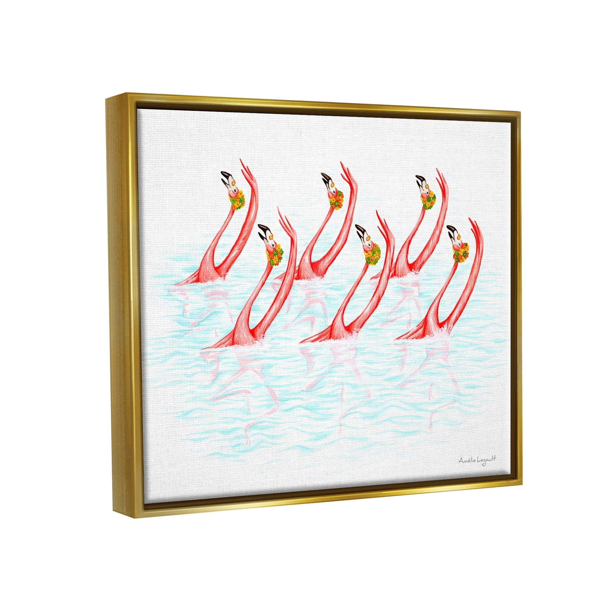Stupell Industries Six Flamingoes Birds Synchronized Swimming Floral Caps Graphic Art Metallic Gold Floating Framed Canvas Print Wall Art, Design by Amelie Legault