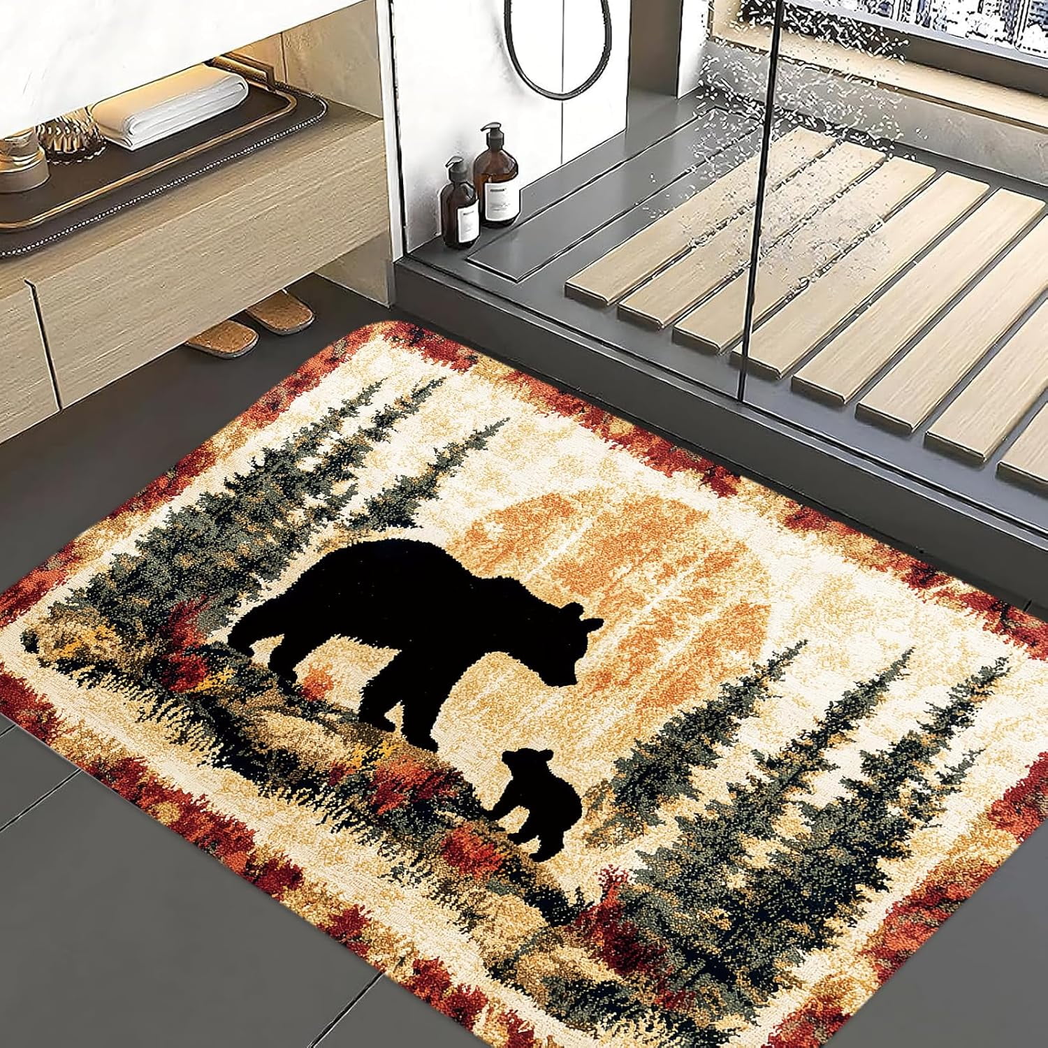 Bear Rug Farmhouse Bathroom Rugs Animal Black Bear Forest Trees Rustic Cabin Carpet Camping Bath Rug Sets for Bathroom Bedroom Kitchen Outdoor Indoor, 19X31in
