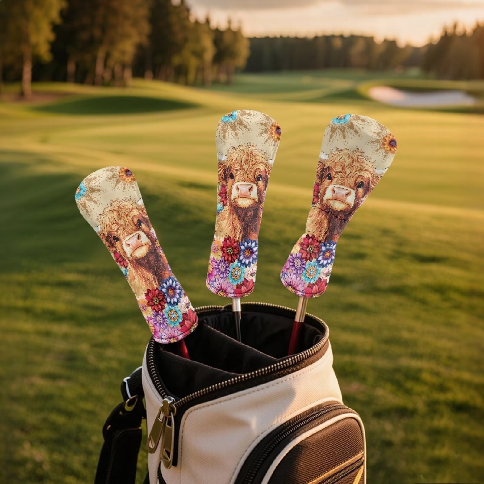 Uorisanigo Golf Club Head Covers Set - PU Leather Boho Floral Highland Cow Golf Club Covers for Driver, Woods and Hybrid, Premium Lightweight Head Cover with Anti-Scratch Protection