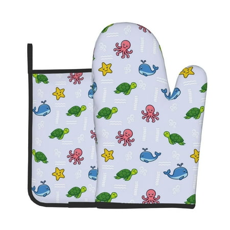 

Vsdgher Sea Turtle Whale Oven Mitts and Pot Holders 2 pcs Set High Heat Resistant Kitchen Oven Glove for Baking and Cooking