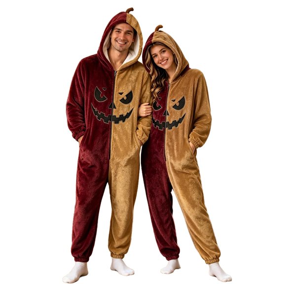 Xijirk Unisex Onesie with Hood Zipper Closure Side Pockets Fuzzy Graphic Jumpsuit for Halloween Cosplay Sleepwear Party Event,Khaki,L
