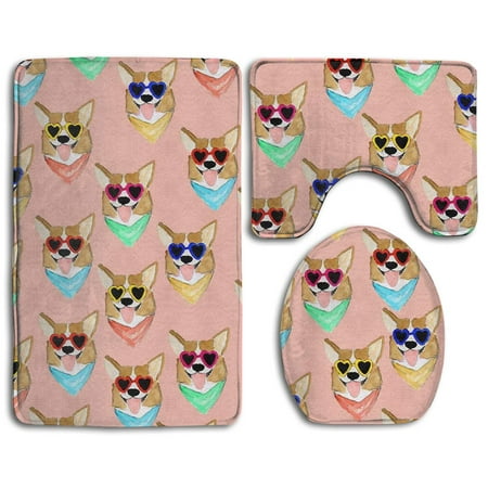 CHAPLLE Cool Corgi Dog Faces Wearing Heart Shaped Sunglasses 3 Piece Bathroom Rugs Set Bath Rug Contour Mat and Toilet Lid Cover