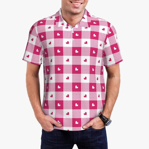 Balery Plaid Heart Camisa Polo de Hombre con Estampado, de Manga Corta y Tejido Medio, Camisa Tipo Golf Polo-3X-Large