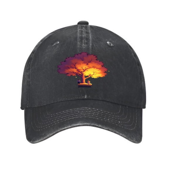 Vintage Cotton Washed Distressed Baseball Cap - Colorful Sunset Tree Design with Figure - Golf Dad Hat for Men & Women