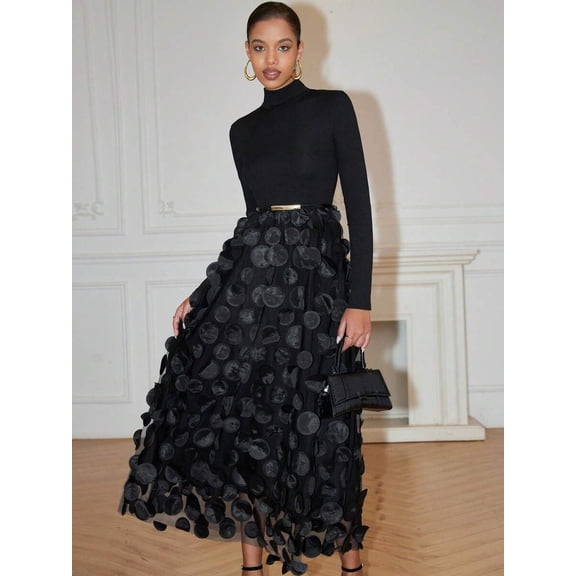 Womens Black Turtleneck Ribbed Long Sleeve Dress with Floral Mesh Skirt