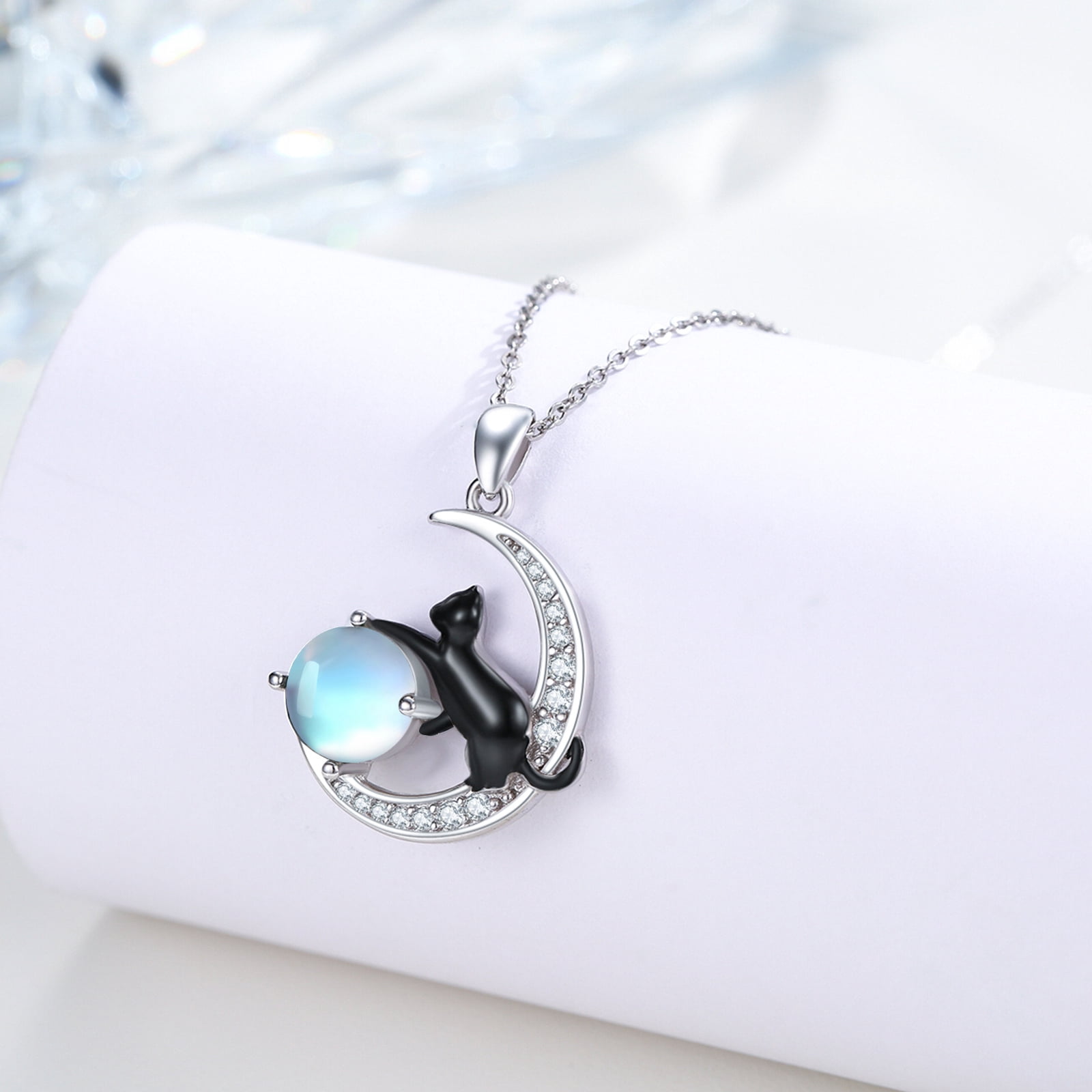 Coachuhhar Black Cat Necklace 925 Sterling Silver Cute Animal Pendant Necklace Moonstone Jewelry Gifts for Women Mom Wife
