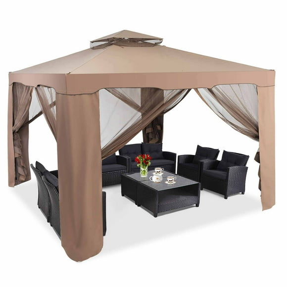 Costway 10'x 10'2-tier Canopy Gazebo Tent Outdoor Netting Picnic Party Sun Shade