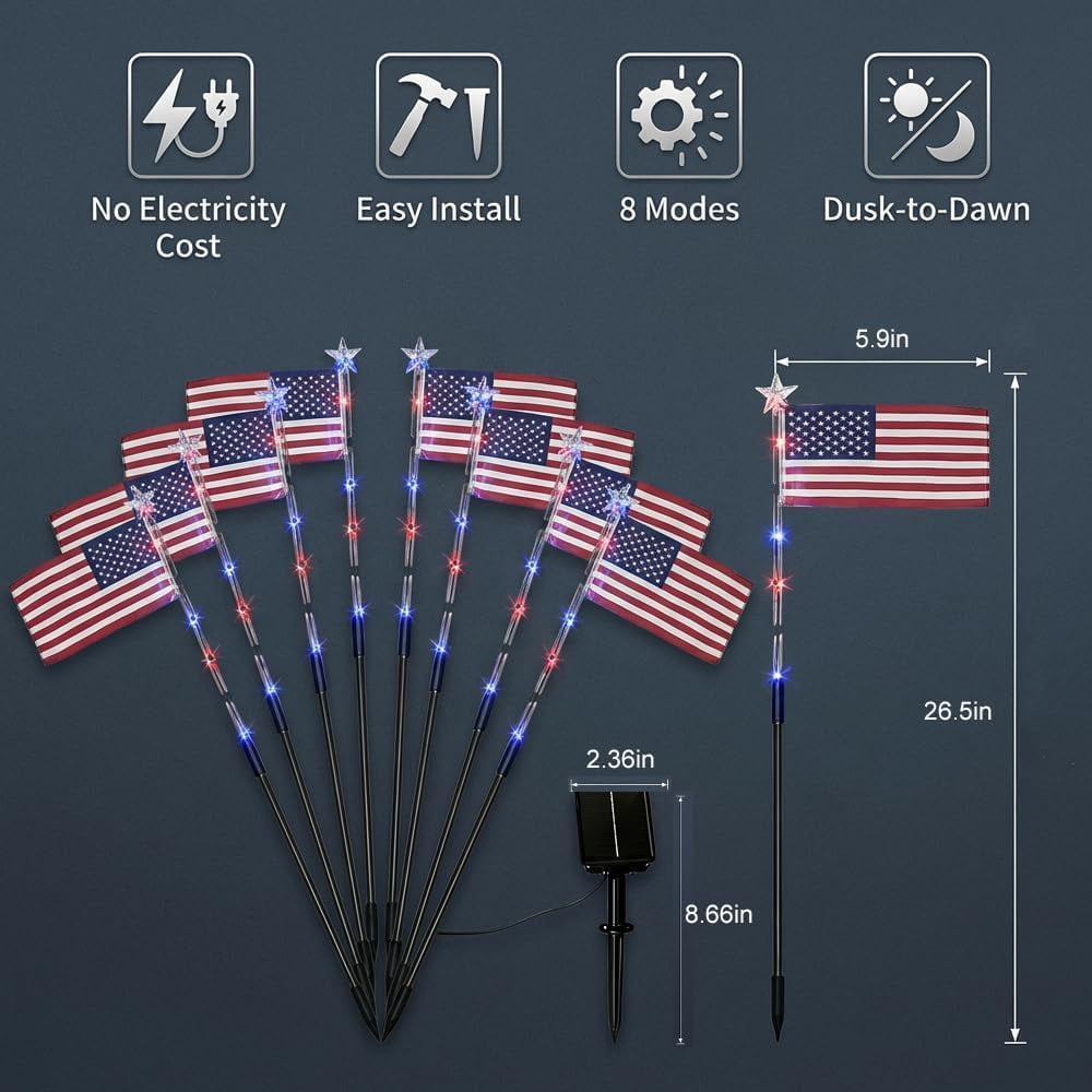 4th of July Decorations Outdoor American Flag Lights, 8-Pack Solar Powered Pathway Lights with USA Flags and LED Stars, Red White and Blue Patriotic Yard Decor, 26.5 Inch