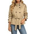thumbnail image 4 of AKOEE Cropped Trench Coat for Women with Belt Double Breasted Short Jacket High Collar Long Sleeve Outerwear (M, Khaki), 4 of 8