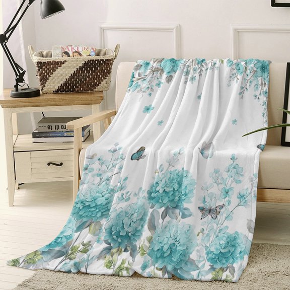 Throw Blanket Fleece Throw Blanket 50x60in, Hydrangea Flower Teal Watercolor Soft Lightweight Bed Blankets Country Butterfly Fuzzy Couch Blankets for All Season