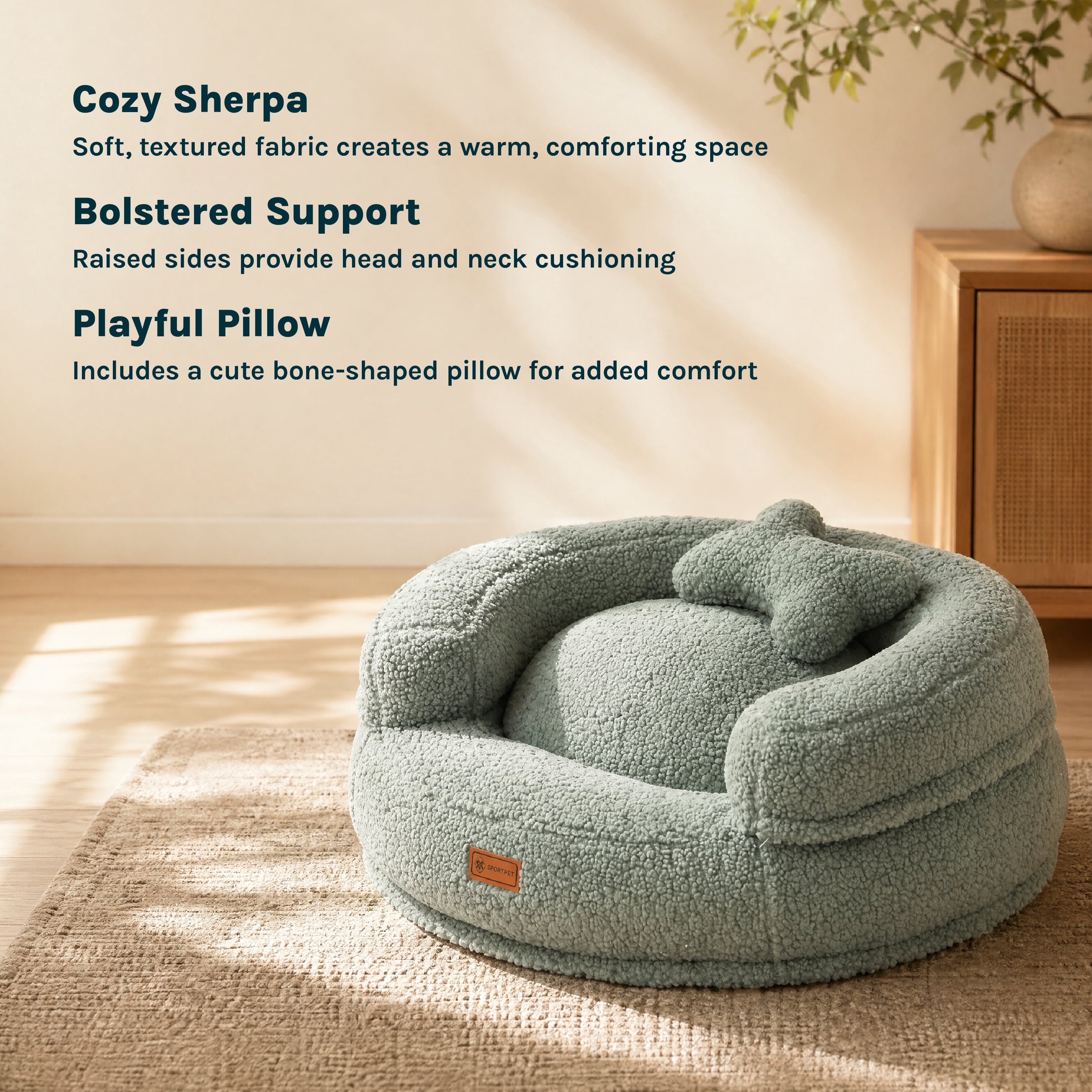 SportPet Round Plush Sherpa Cuddler Pet Bed with Bone Pillow, Blue, One Size