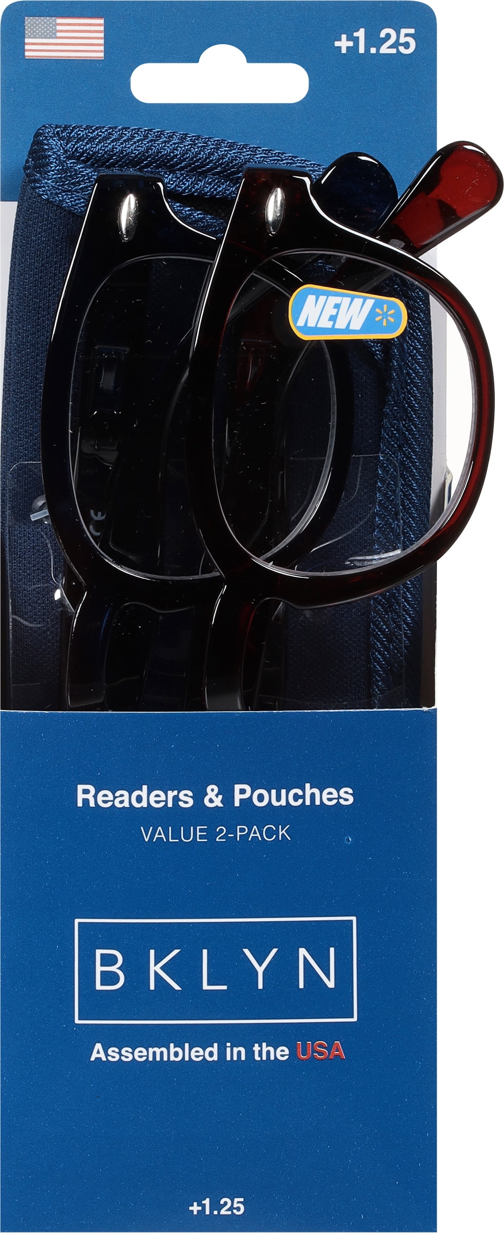 Bklyn, Harman +1.25, Adult, Unisex, Plastic Reading Glasses & Pouches Value Pack , 2 Ea