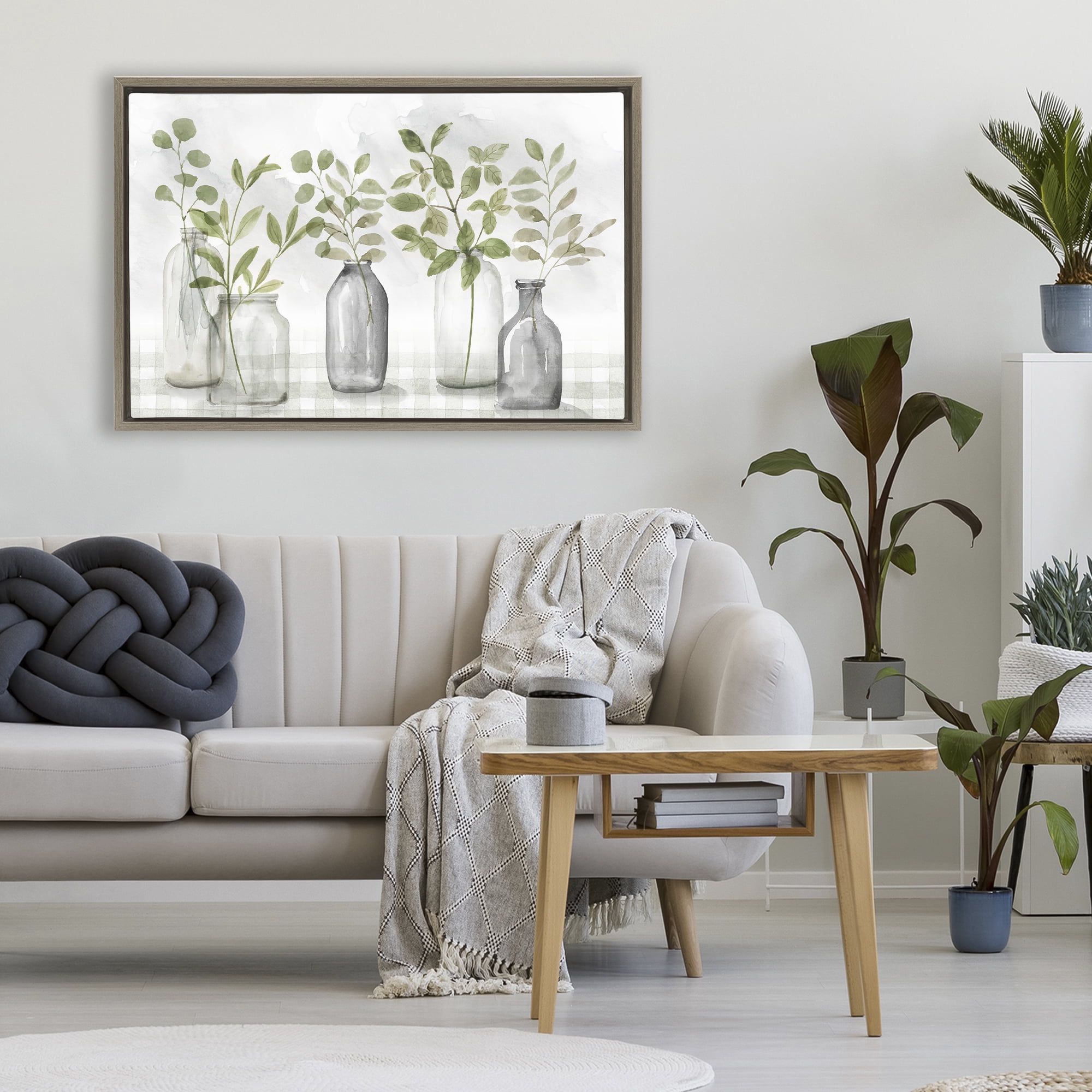 Stupell Industries Greenery Leaves in Vases Brown Framed Floater Canvas Wall Art, design by Nan