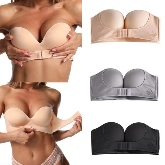 3 Pack Women Strapless Bra Super Push Up Invisible Brassiere Front Closure Padded Gather Strapless Bralettes