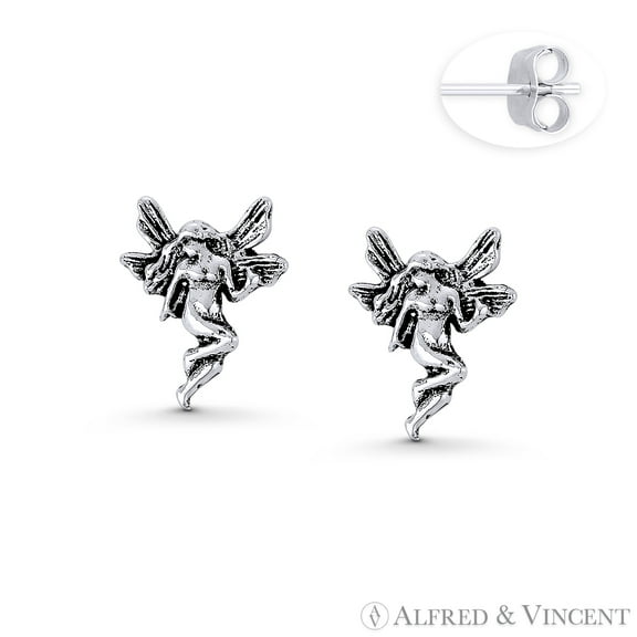 Winged Pixie / Fairy / Nymph Charm Stud Earrings in Oxidized .925 Sterling Silver