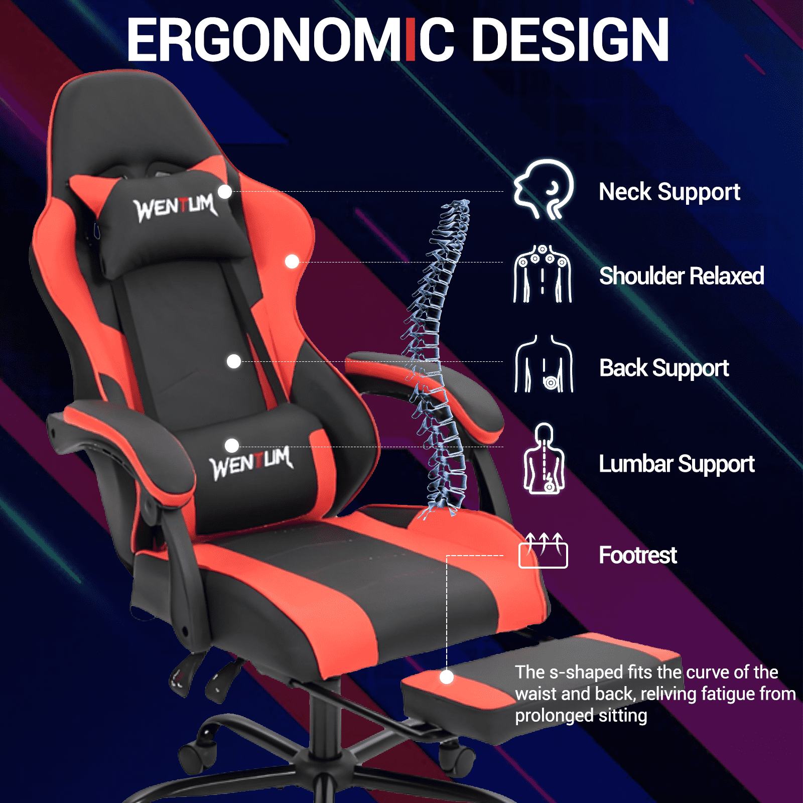 WENTUM Ergonomic Reclining Gaming Chair with Linkage Armrests & Footrest, Racing Office Chair, PU Leather Computer Desk Chair, Red