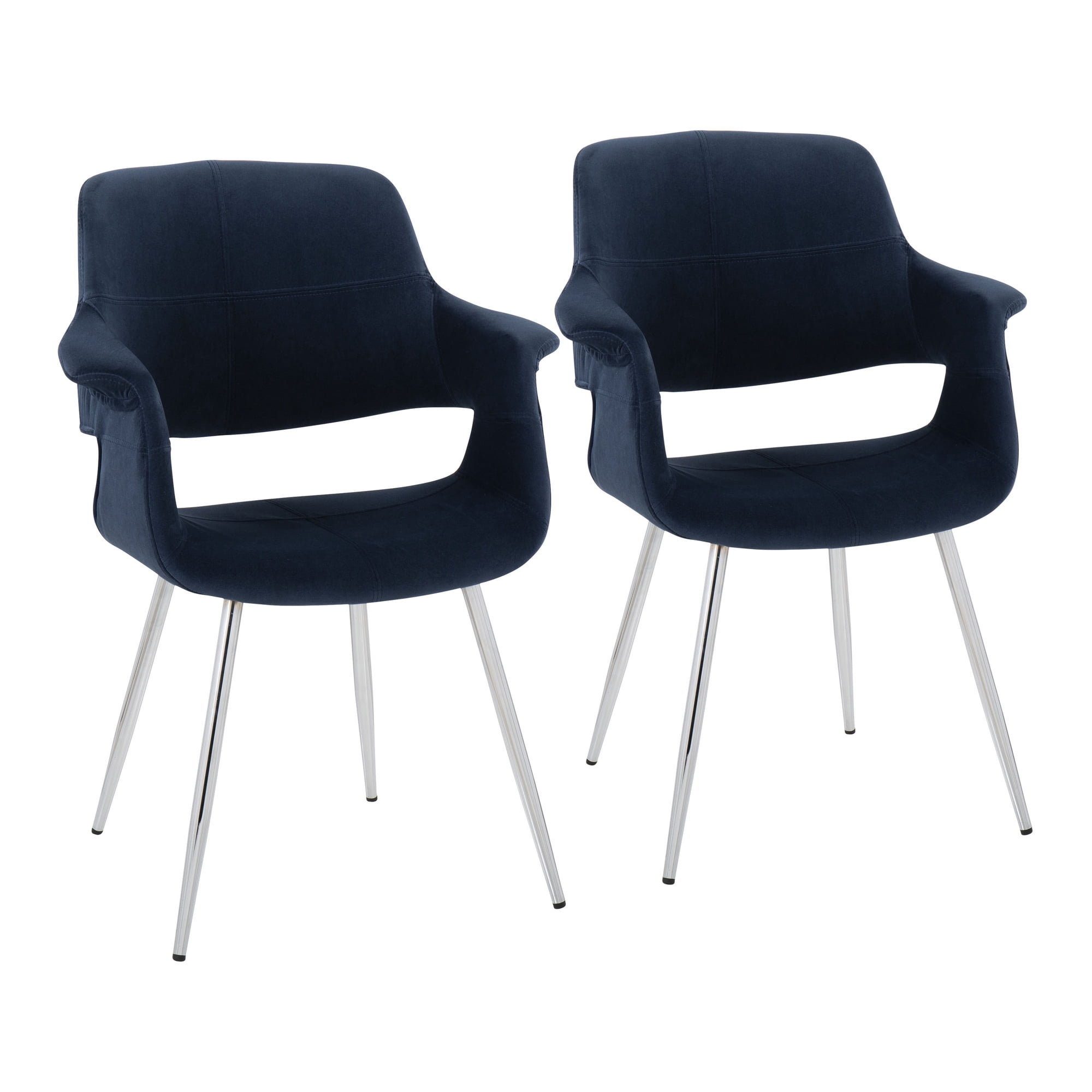 Dining Chair Set of 2, Blue Velvet Upholstered Cushioned Seat and Backrest with Chrome Finished Metal Legs, Art Deco Glam Style Seating for Living Room, Dining Room or Office