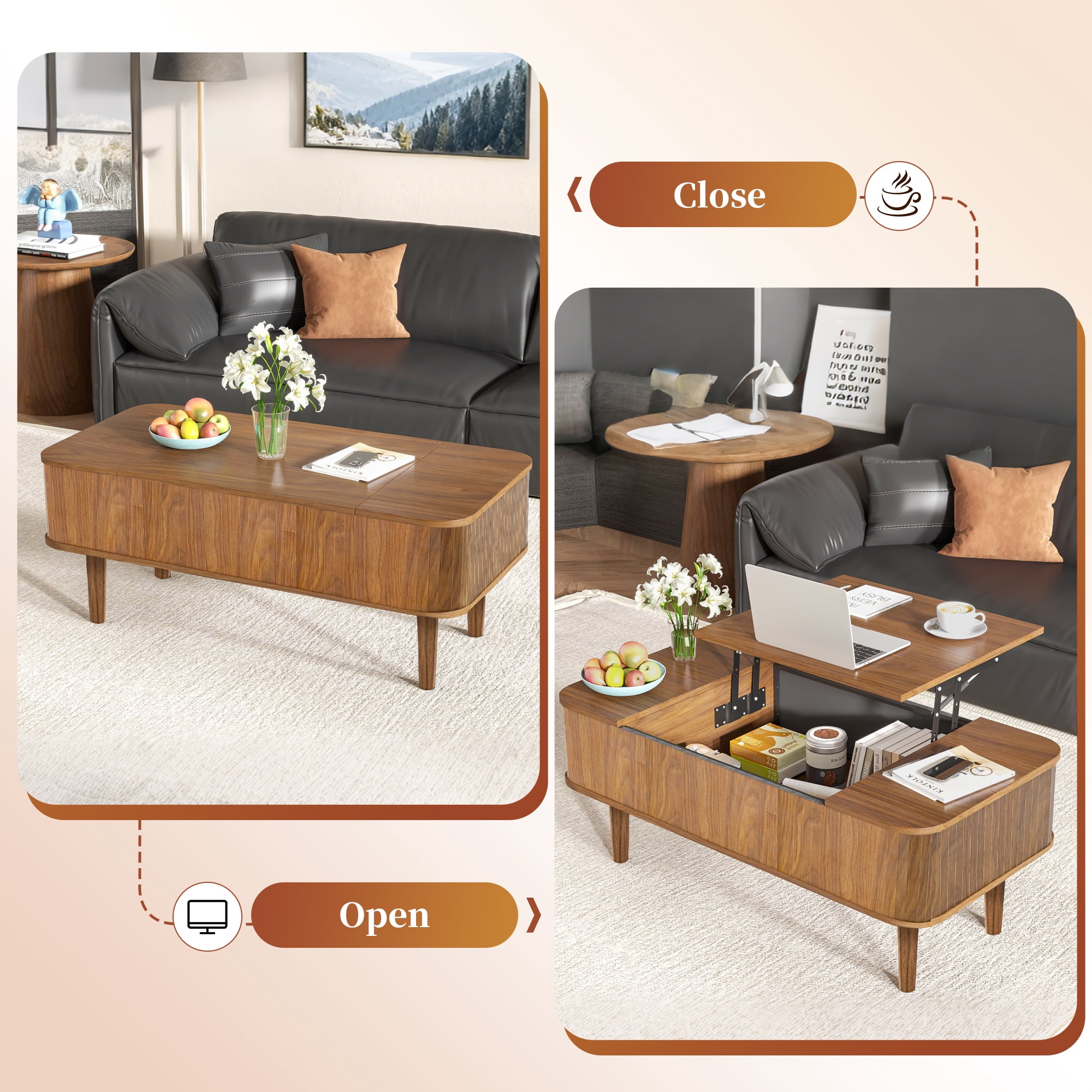 Lift Top Coffee Table with Storage, Mid Century Modern Coffee Table for Living Room, Small, Walnut