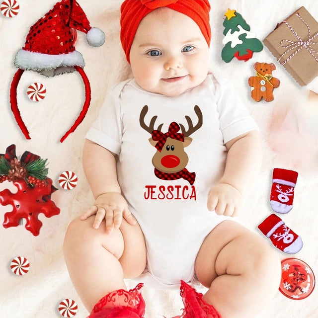 Mono de bebé con estampado de ciervo personalizado, mono de manga corta para el día de Navidad, mono de bebé con nombre personalizado, ropa de verano para recién nacidos