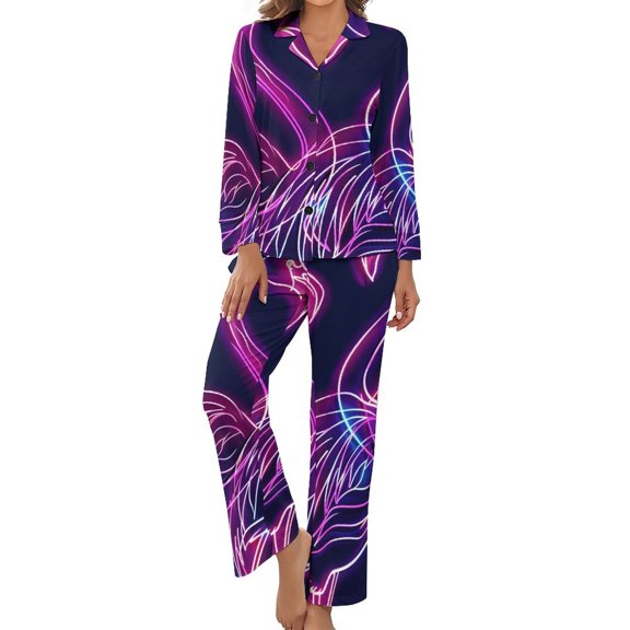 PoBuds Women's Long Sleeve Flannel Pajama Set Sleepwear Neon Flamingo XL