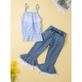 thumbnail image 2 of Franhais Kid Girl Long Pants Outfits, Sleeveless Plaid Pattern Lace Patchwork Sling Tank Tops + Elastic Waist Flare Pants Set, 2 of 9