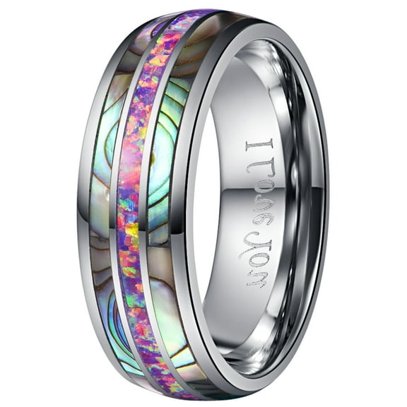 8mm Men's Lavender Purple Created Opal Tungsten Carbide and Abalone Shell Wedding Engagement Ring Band Size 7 to 14