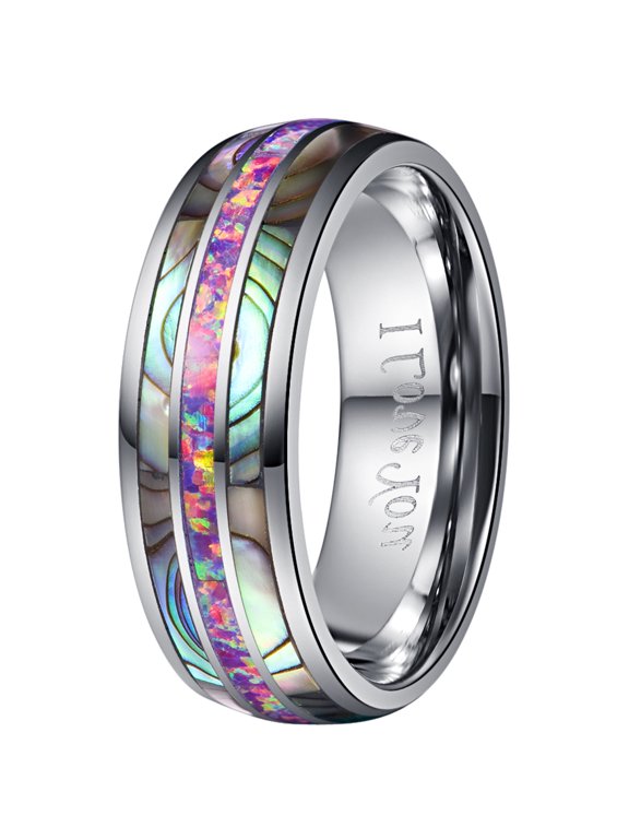 8mm Men's Lavender Purple Created Opal Tungsten Carbide and Abalone Shell Wedding Engagement Ring Band Size 7 to 14