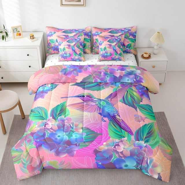 YST Hydrangea Sheet Set with Comforter Pink Purple Floral Bed In A Bag 7 Piece Full Tropical Hummingbird Bedding Sets Tie Dye Aesthetics Comforter Set Spring Summer theme Cushion Covers