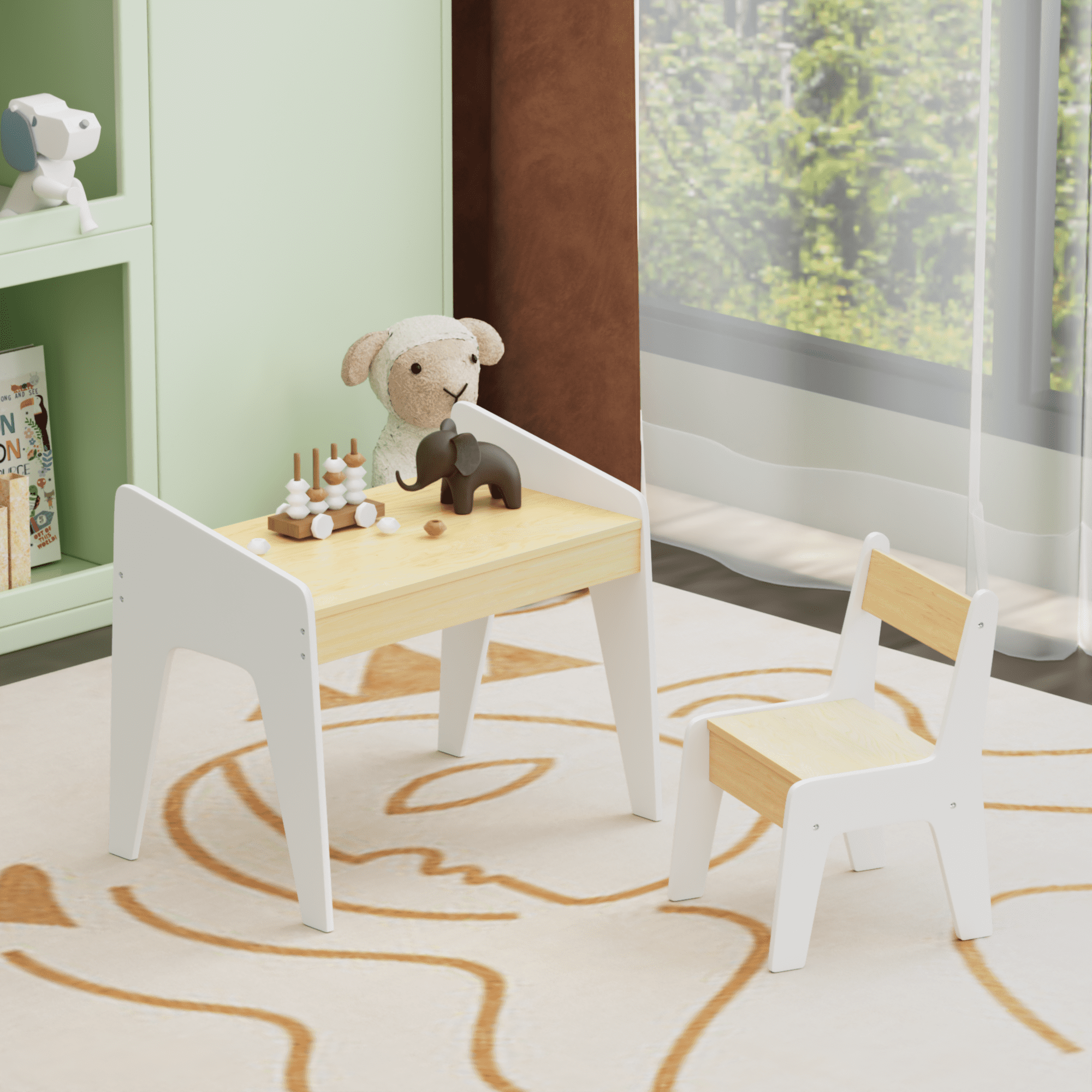 Kids Furniture Kids Table Set with One Chair, Wooden Children Study Table, 2-8 Age Kids Funiture , White+Natural,Baby Furniture