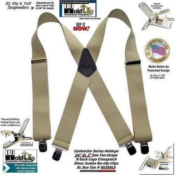 Holdup Brand Extra Long XL Sun Tan Suspenders with Jumbo Patented No-slip Center Pin Clips