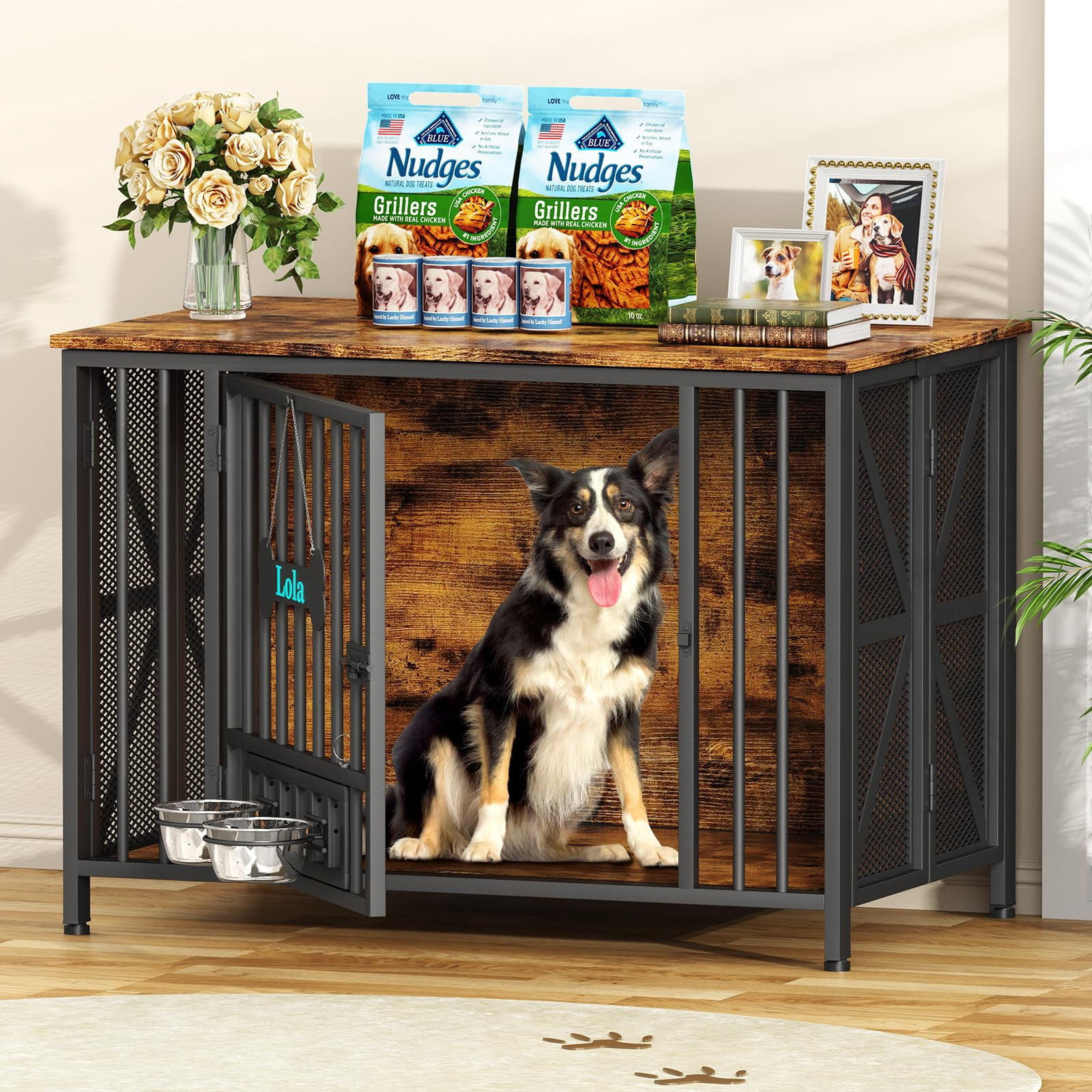POAO Foldable Large Dog Crate Furniture, 41.3"Assembly-Free Dog Crates for Large Dogs, Wooden Dog Kennel Indoor with Tag & Dog Bowls, Rustic Brown