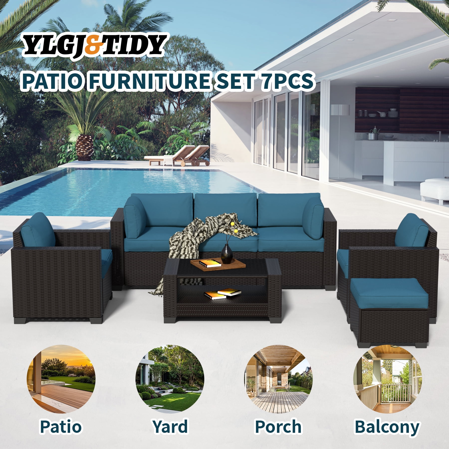 7-Piece Waterproof Outdoor Patio Furniture Set, PE Wicker Rattan Sectional Sofa with Replaceable Cushions & Coffee Table, Modern Patio Conversation Set for Porch, Balcony, Backyard (Peacock Blue)