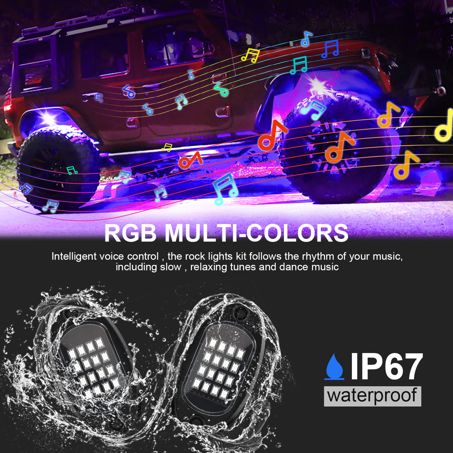 YCHOW-TECH RGB LED Rock Lights Kit, 8 Pods Multicolor Neon LED Light Kit  with Bluetooth Control Music Mode, High Bright Multilcolor Waterproof IP68