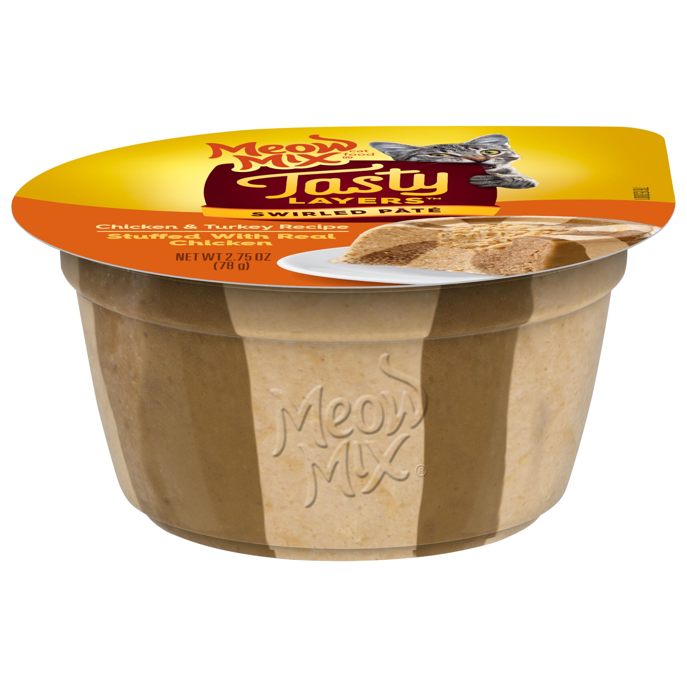 Meow Mix Tasty Layers Swirled Pat Cat Food, Chicken & Turkey Recipe Stuffed with Real Chicken, 2.75 oz Cup