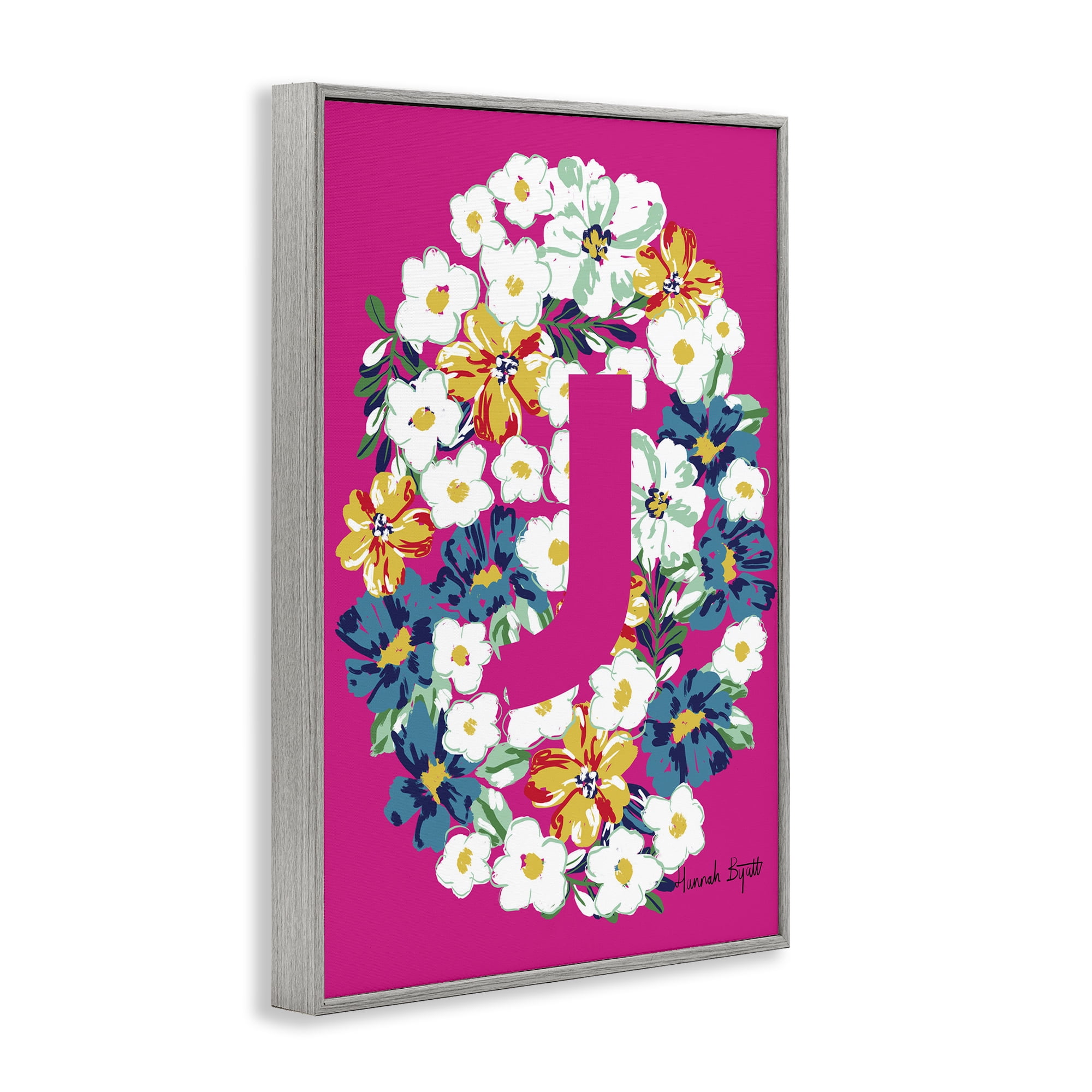 Stupell Industries Floral Bloom Letter J Botanical & Floral Painting Gray Framed Art Print Wall Art, 16 x 24