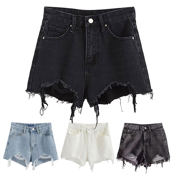Trendfront Women's High Waisted Asymmetrical Distressed Denim Style Hotpants Frayed Hem Wide Leg Casual Bottoms