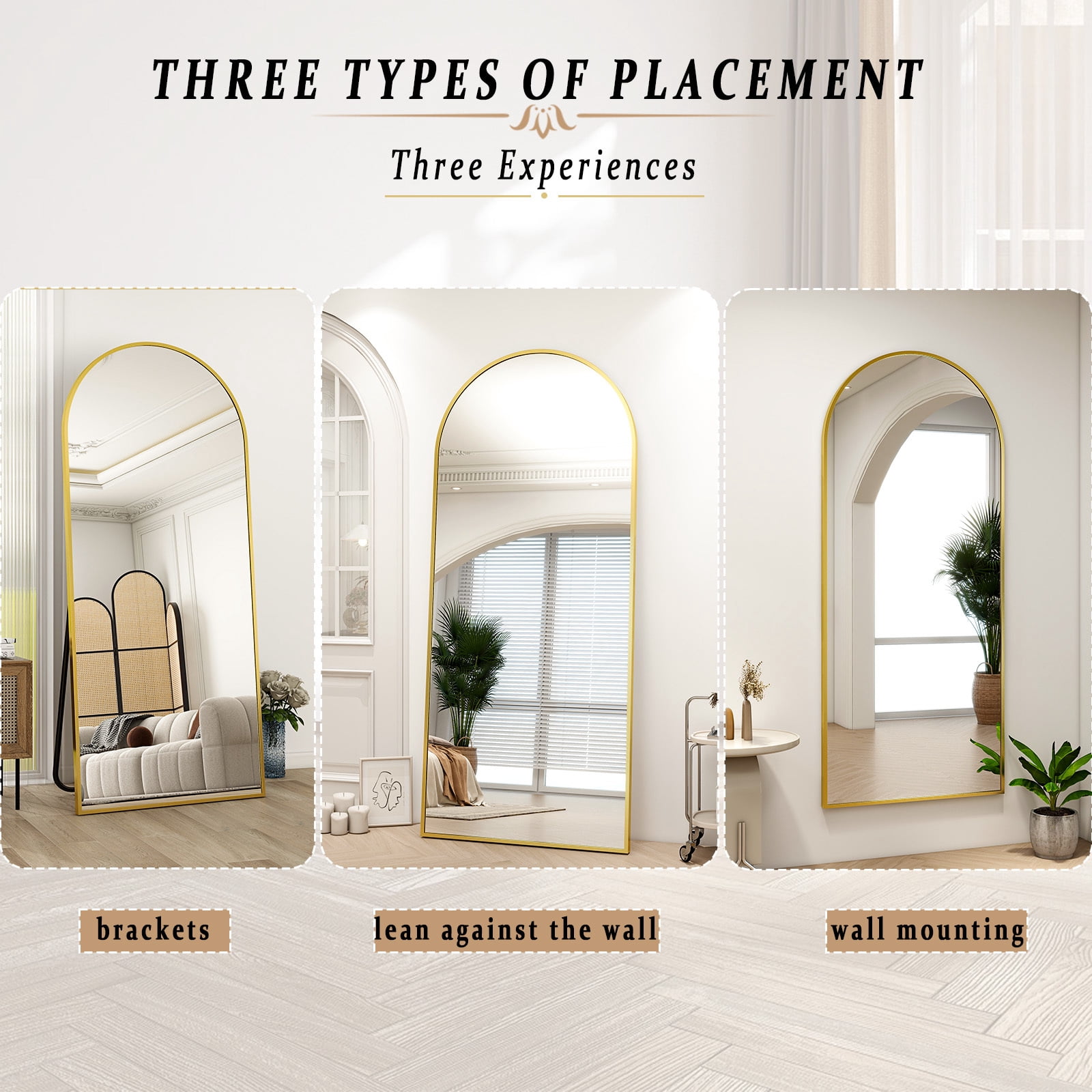 Anyrose 34"x76" Full Length Mirror with Arch-Top Standing Mirror Wall Mounted, Gold