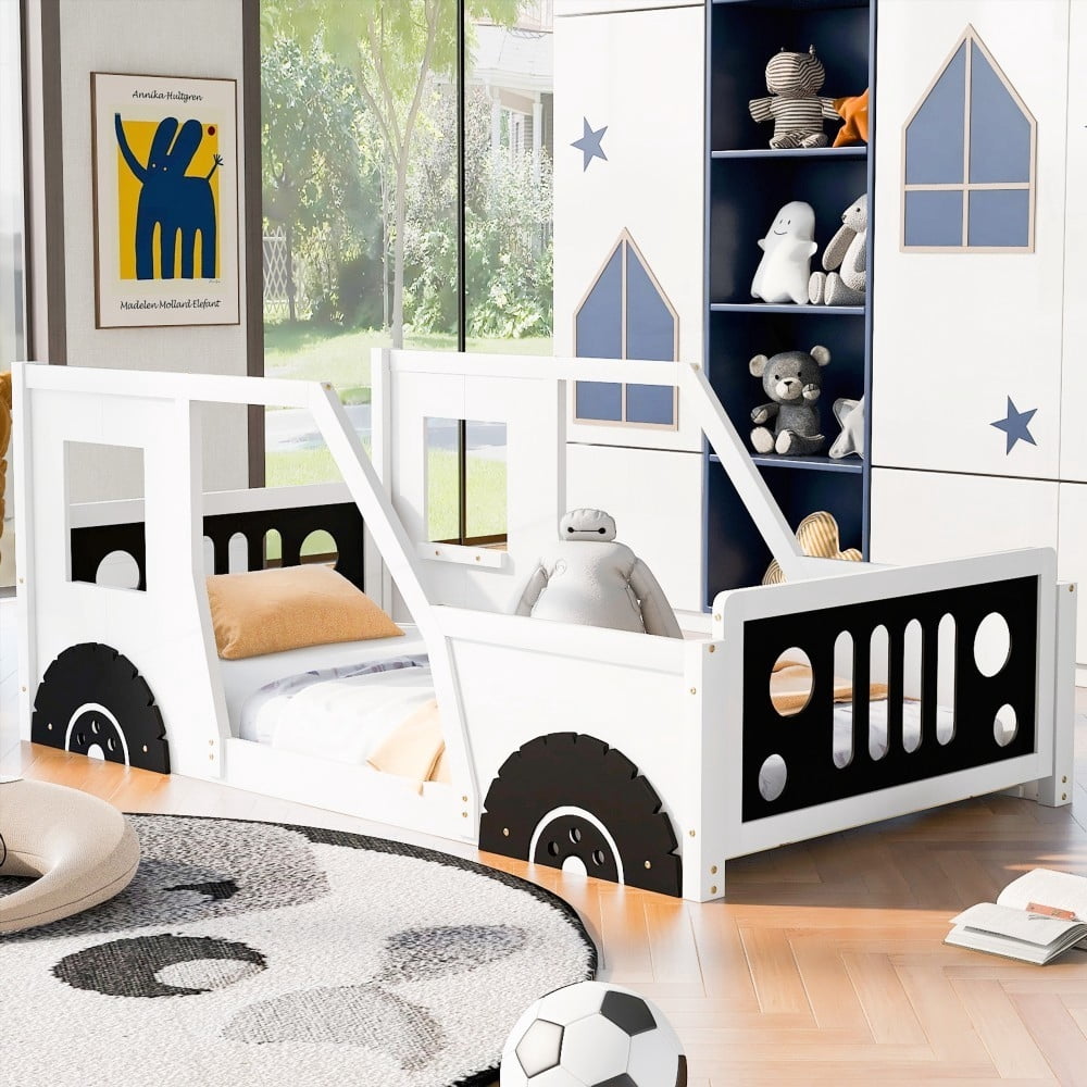 Twin Size | Fun Car Design Bed on Wheels & MDF Frame - White