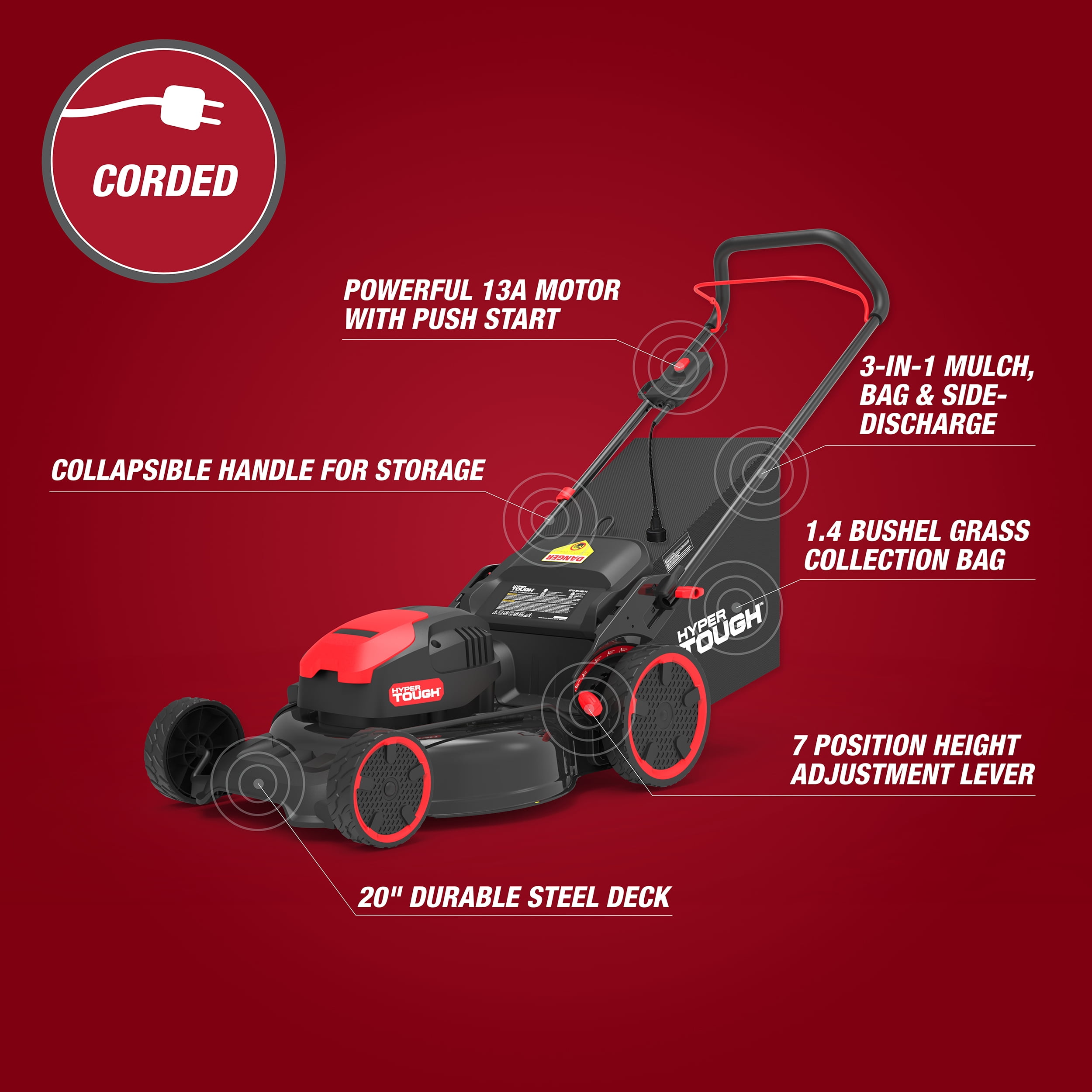 Hyper Tough 20" 13A Corded Electric Push Walk-Behind Lawn Mower