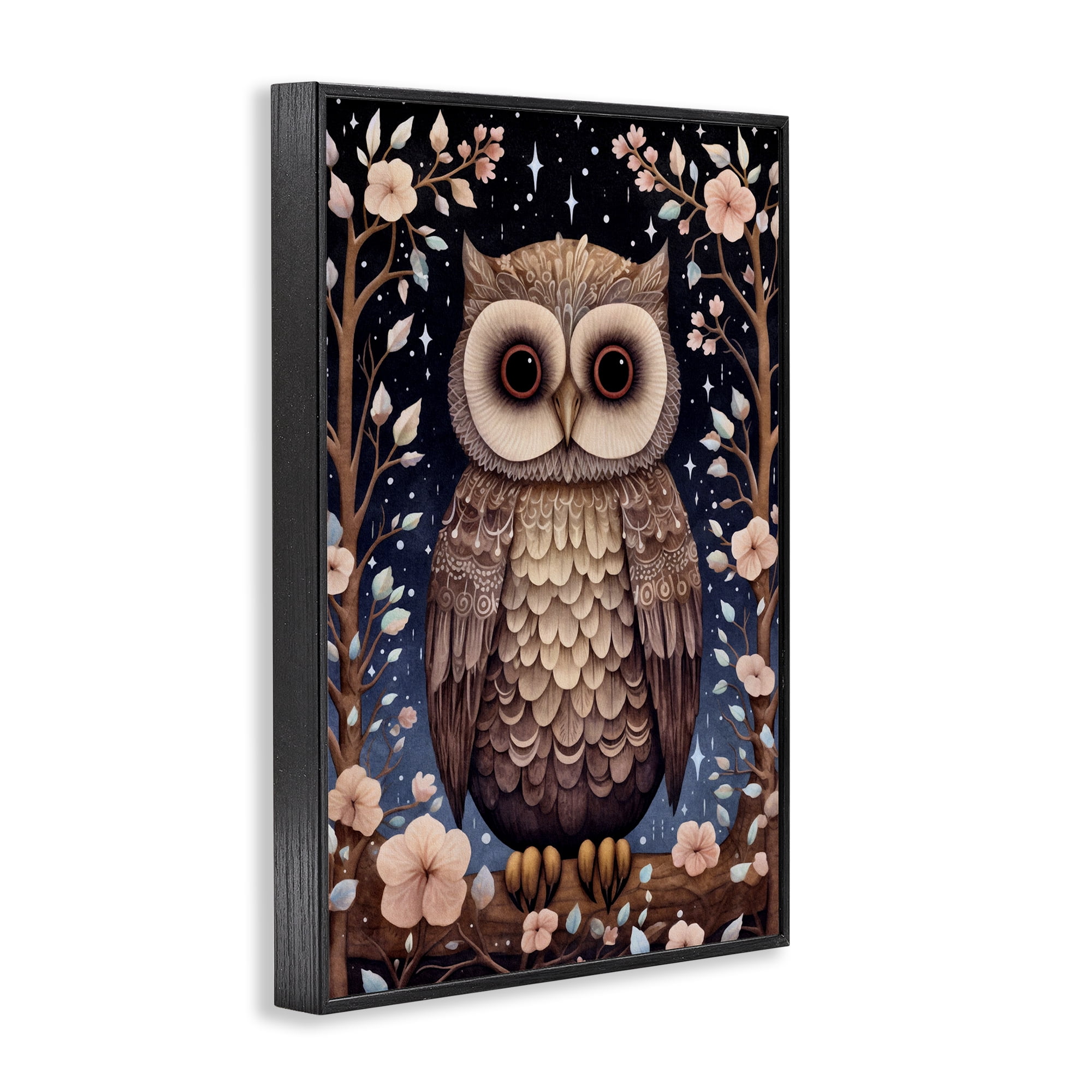 Stupell Industries Woodland Pattern Owl Animals & Insects Painting Black Framed Art Print Wall Art, 12 x 18