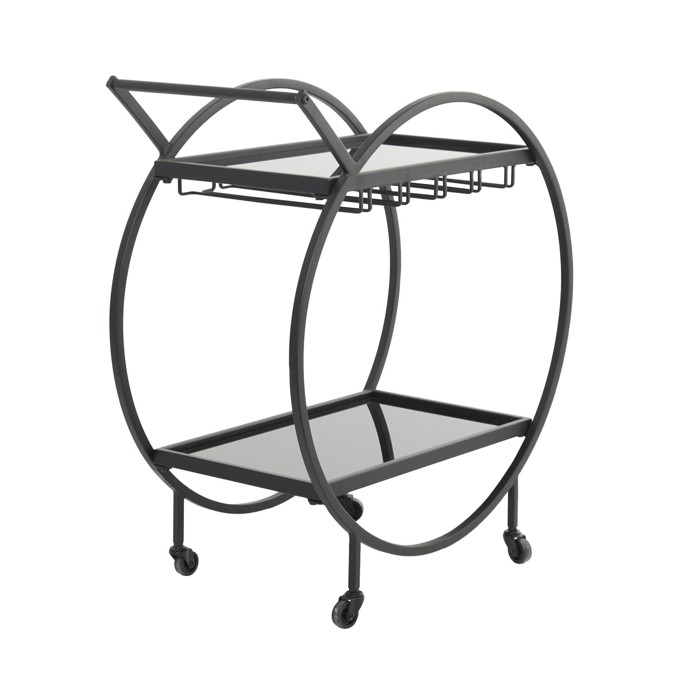 DecMode 28" x 31" Black Metal Rolling 2 Shelf Bar Cart with Wine Glass Storage and Handle, 1-Piece