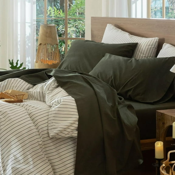 Bedding Sheet Set 100% Washed Cotton Linen Like Textured Breathable Durable Soft Comfy (Solid Olive Green, Queen)