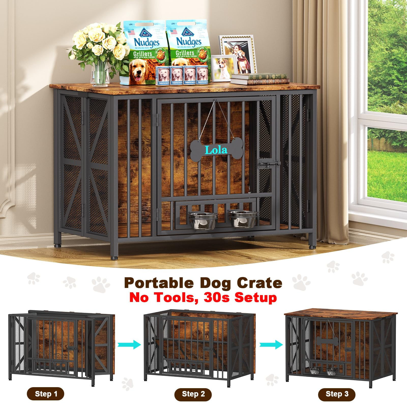 POAO Foldable Large Dog Crate Furniture, 41.3"Assembly-Free Dog Crates for Large Dogs, Wooden Dog Kennel Indoor with Tag & Dog Bowls, Rustic Brown