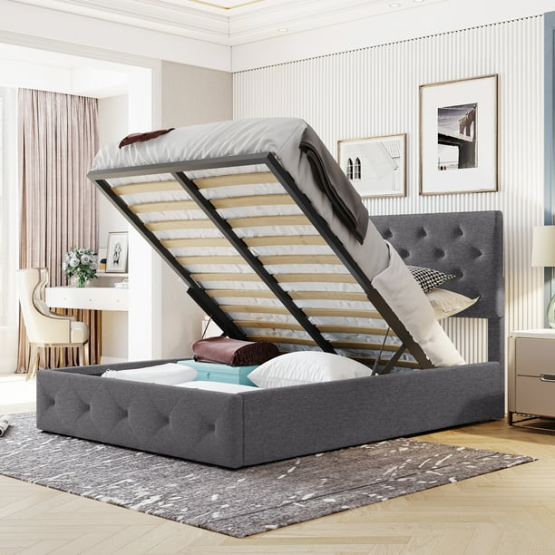 Upholstered Full Platform Bed Frame with Gas Lift Up Storage, Hydraulic