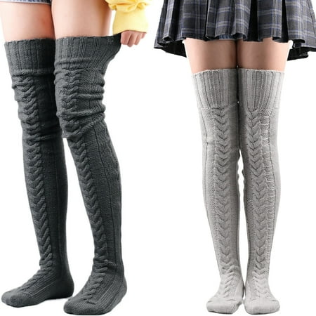 

Knitted Thigh High Boot Socks Extra Long Winter Stockings Over Knee Leg Warmers Dark gray+light gray