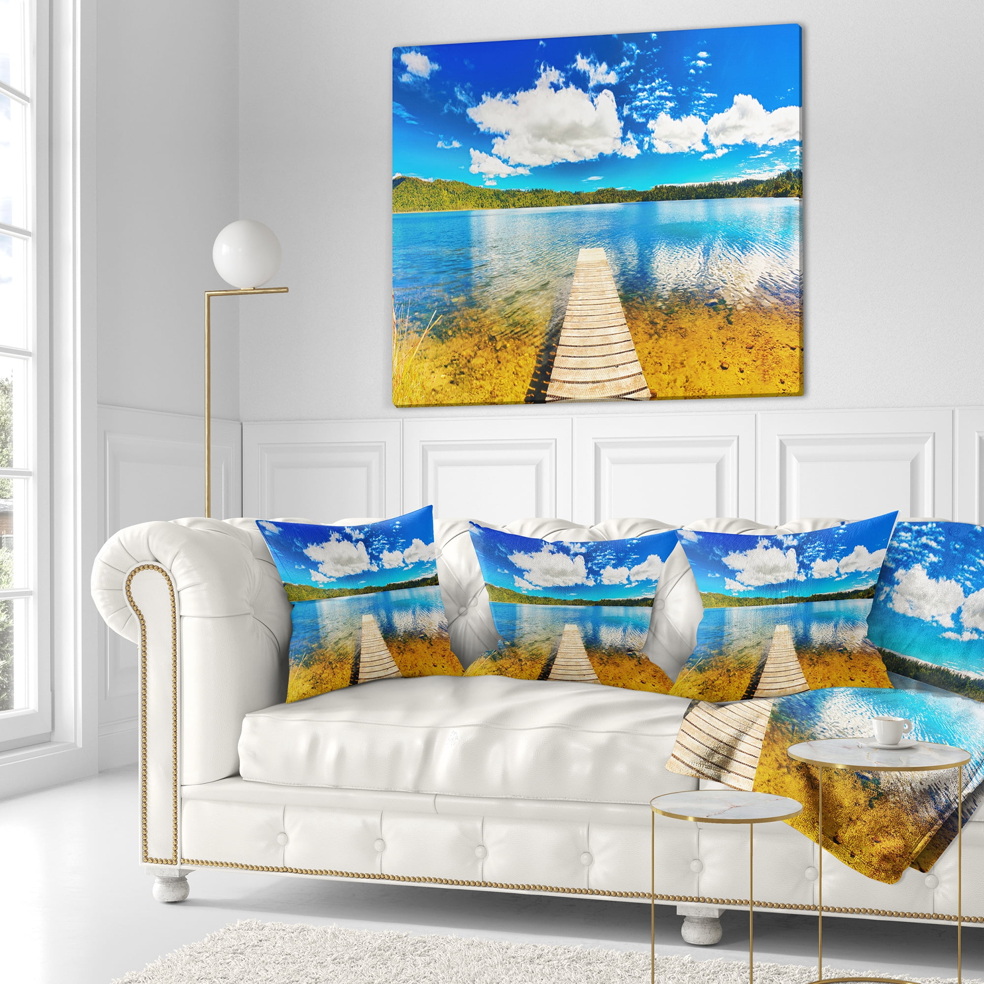 Designart Lake with Pier Panorama - Photography Throw Pillow - 16x16