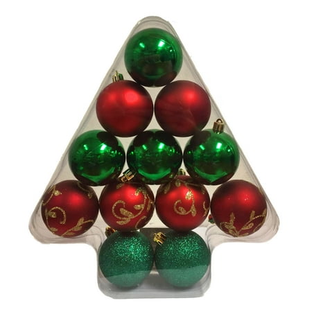 Red and Green Shiny Glitter Matte Christmas Tree Ornaments 2.4 Inch Set of
