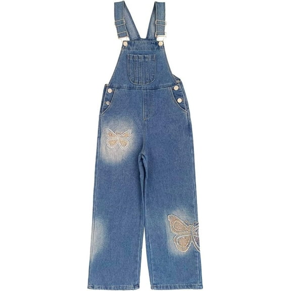 Peacolate 5-14years Little Big Girls Butterfly Embroidery Blue Denim Overalls,Butterfly,5-6Years